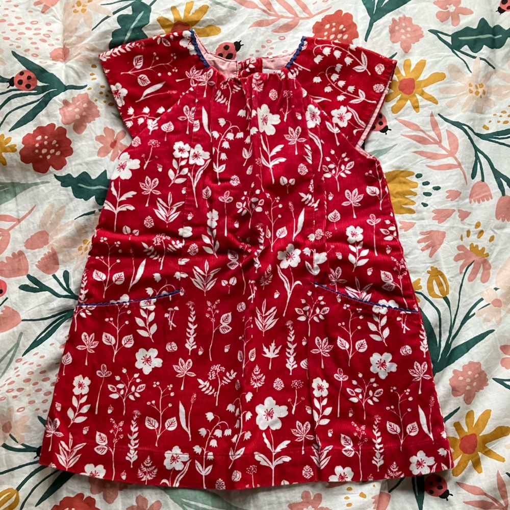 Boden | Red Floral Cord Pinafore | 12-18 months